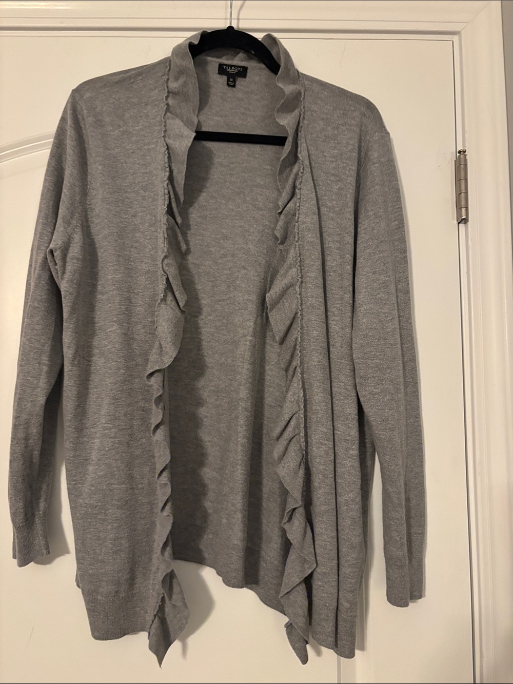 Talbots Light Gray Ruffle-Trim Open Front Cardigan - Picture 3 of 3